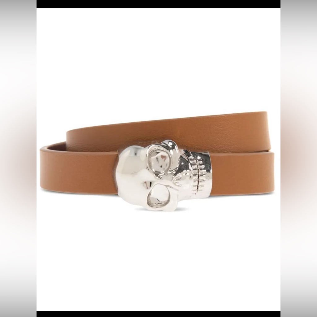 Alexander Mcqueen Tan Leather Skull Double Wrap Bracelet Medium Unisex Brand New 295$